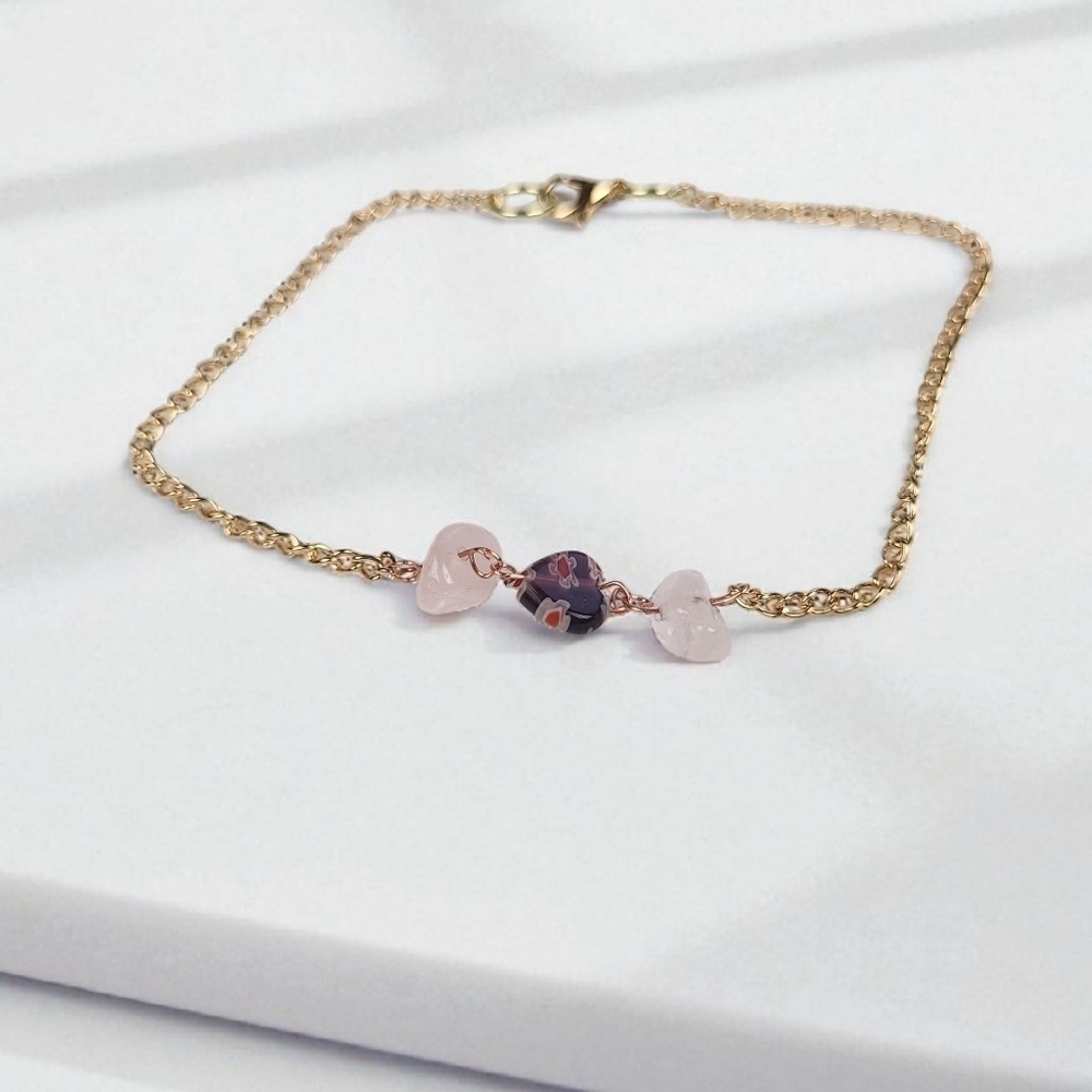 Millefiori Lampwork Glass Pink Quartz Stainless Steel Bracelet